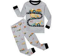 EULLA - Pigiama per bambini a maniche lunghe in cotone, motivo: auto dei vigili del fuoco, dinosauro, escavatore, trattore, treno, biancheria da notte a due pezzi, 1-7 anni, taglie: 92, 98, 104, 110
