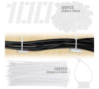 EUMAYES 200 Pz Fascette per Cavi Bianco Resistente ai Raggi UV 150 x 3,6mm e 100 Pz 28 x 28mm Portacavi Autoadesivo, Plastica Fascette Portacavi Base Adesiva Set per Casa Ufficio Fissaggio Cavi
