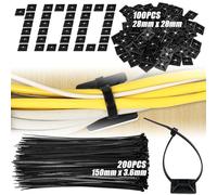 EUMAYES 200 Pz Fascette per Cavi Nere Resistente ai Raggi UV 150 x 3,6mm e 100 Pz 28 x 28mm Portacavi Autoadesivo, Plastica Fascette Portacavi Base Adesiva Set per Casa Ufficio Fissaggio Cavi