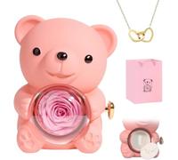 Eunmsi Collana con cuore inciso con scatola regalo con vera rosa orso, regalo per donne, set regalo con rose conservate, scatola portagioie con orsetto ribaltabile, regalo da donna (rosa)