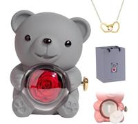 Eunmsi Collana con cuore inciso con scatola regalo con vera rosa orso, regalo per donne, set regalo con rose conservate, scatola portagioie con orsetto ribaltabile, regalo da donna (grigio)