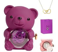 Eunmsi Collana con cuore inciso con scatola regalo con vera rosa orso, regalo per donne, set regalo con rose conservate, scatola portagioie con orsetto ribaltabile, regalo da donna (viola)