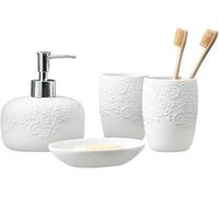 EUOUWIE Set da Bagno Moderno in Ceramica Bianca da 4 Pezzi con Dispenser Sapone, Portaspazzolino, Portasapone e Tazza