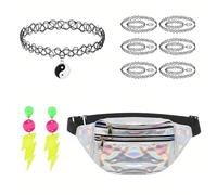eupdd 22 pezzi Accessori Anni 90: Abbigliamento da donna anni '90, con Bauletto Argentato, Orecchini a forma di fulmine, Collana, Braccialetto, Anni '90 abbigliamento Retrò, per Festa a tema