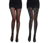 EUPSIIU 2 Paia Donna Calze a Rete con Strass e Glitter Collant da donna con strass, calze a rete a vita alta,collant,per Feste, Ballo di Fine Anno, Spettacolo, Hhalloween, Cosplay (Nero)