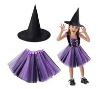 EUPSIIU 2 Pezzi Costume da Strega Halloween e Carnevale, Mago Cosplay, Witch Wizard Con Cappello e Gonna Tutu, per Bambine (Nero-Viola)
