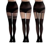 EUPSIIU 3 Paia Collant a Rete a Vita Alta, Motivo Scuro, Fantasia da Donna, Effetto Reggicalze, Coprenti (Nero)