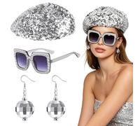 EUPSIIU 3 Pezzi Accessori Discoteca Donna Discoteca Cappello Berretti con Paillettes Occhiali da Sole Orecchini, Accessori Carnevale Disco Anni 70 Adulti Costumi per Cosplay Compleanno Festa (3PCS)
