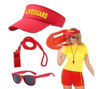 EUPSIIU 3 Pezzi Kit da Bagnina Lifeguardgear Accessori Bagnino con Regolabile Rosso Cappello da Bagnino Fischietto Occhiali da Sole Adulti Festa Costume Halloween Carnevale per Uomo Donna