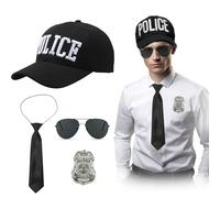 EUPSIIU 3 Pezzi Police Costumi, Accessori per Costumi Poliziotto Cappello Occhiali da sole Cravatta Distintivo Della Polizia, Poliziotto Detective per Cop Swat Costume Feste a Tema Dress up (3PCS)