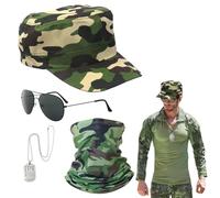 EUPSIIU 4 Pezzi Aviatori Costume da Pilota da Uomo Donne dell'Esercito Militare con Cappello Mimetico Scaldacollo Occhiali da Sole Medaglietta per Halloween Party da Capitano