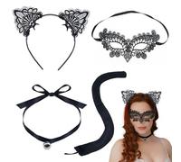 EUPSIIU 4 Pezzi Cerchietto Orecchie Gatto Cerchietti con Orecchie di Gatto in Pizzo di Halloween con Pizzo Maschera Veneziana Accessori per feste in maschera per feste in maschera(4 Pezzi)