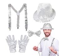 EUPSIIU 4 Pezzi Jazz Dance Hat Performance Guanti Bretelle Paillettes Papillon, Accessori per Costumi Discoteca, Cappello Costumi per Spettacoli di Danza
