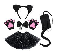EUPSIIU 5 Pezzi Costume Gatto Bambina, Costume Gatto Carnevale Gonna Tutu Orecchie da Gatto Lungo Coda Guanti Gattino Cravatta a Farfalla Travestimento Gatto Per Halloween Cosplay Festa (Nero)