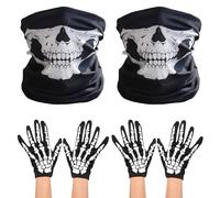 EUPSIIU 6 Pezzi Guanti Scheletro Bianco e Teschio Faccia Maschera Mezzo Scheletro Guanti e Teschio Viso Maschera per Osso Bianco Halloween, Cosplay Carnevale, Sport All'Aria Aperta (Nero)