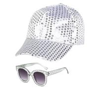 EUPSIIU Set di 2 cappelli da discoteca anni '70, con occhiali da sole quadrati con paillettes, cappello con paillettes, costume da discoteca anni '70, accessori da discoteca argentati, accessori da