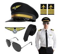 EUPSIIU Set di 6 accessori per costume da capitano di compagnia aerea, per Halloween, pilota di aereo, capitano di aereo, cappello da aviatore, fascia da braccio, cravatta occhiali, per cosplay, feste