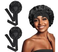Euqvunn 2 Pezzi Cuffia Seta Capelli Notte, Cuffias Capelli Ricci Notte con Fascia Larga 6.2×63 cm, Bonnet Seta per Capelli Ricci, Adatto Protezione per Capelli Lunghi/Ricci (Nero)