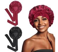 Euqvunn 2 Pezzi Cuffia Seta Capelli Notte, Cuffia Capelli Ricci Notte con Fascia Larga 6.2×63 cm, Cuffia Capelli Notte, Cuffia per Dormire Adatto Protezione per Capelli Lunghi/Ricci (Nero Rosso)