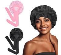 Euqvunn 2 Pezzi Cuffia Seta Capelli Notte, Cuffias Capelli Ricci Notte con Fascia Larga 6.2×63 cm, Bonnet Seta per Capelli Ricci, Adatto Protezione per Capelli Lunghi/Ricci (Nero Rosa)