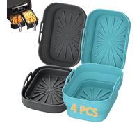 Euqvunn 4 Pezzi Rivestimenti Silicone Riutilizzabili per Friggitrice ad Aria Teglia Rettangolare Pieghevole Air Fryer Doppia Zona Antiaderente Lavastoviglie (Grigio scuro e Blu scuro)