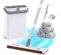 Euqvunn Mocio Lavapavimenti e Secchio per la Pulizia dei Pavimenti con 6 Tamponi in Microfibra, Secchio per Mop Lavabile e Strizzabile, Raschietto, Porta Scopa Lavapavimenti - 40 x 12 x 135 cm