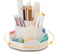 Euqvunn Porta Penne per Scrivania Rotante, Organizer Scrivania con 9 Scomparti Indipendenti, Organizzatore Scrivania 360° Salvaspazio Ideale, Moderna Accessori Scrivania in Ordine(Beige)