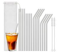 Euqvunn Set di 16 Cannucce Riutilizzabili - 8 Dritte e 8 Curve (Lunghe e Corte), Cannucce in Acciaio Inox con 2 Spazzole per la Pulizia e Sacchetto, Lavabili in Lavastoviglie