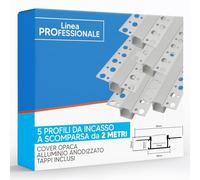 Eurekaled - 5pz Profilo MEDIO in alluminio da incasso 2mt, a scomparsa nel cartongesso, per strisce led con copertura opaca