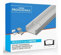 Eurekaled - Profilo in Alluminio U lineare da 1 metro per Strisce LED con Copertura TRASPARENTE, Tappi e Ganci inclusi Cod. 1035