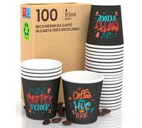Eurocali 100 Bicchierini in Carta per caffè 65ml Coffee O'Clock Bicchieri Ecologici Biodegradabili Monouso Piccoli Asporto Bevande Calde