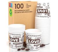 Eurocali 100 Bicchierini in Carta per caffè 65ml LoveWhiteCUP Bicchieri Ecologici Biodegradabili Monouso Piccoli Asporto Bevande Calde