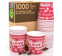 Eurocali 1000 Bicchierini in Carta da Caffè 65ml LoveRedCUP - Bicchieri Ecologici Biodegradabili Monouso Piccoli Asporto Bevande Calde