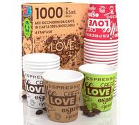 Eurocali 1000 Bicchierini in Carta per Caffè 65ml LoveCUP Mix Bicchieri Ecologici Biodegradabili Monouso Piccoli Asporto Bevande Calde
