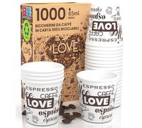 Eurocali 1000 Bicchierini in Carta per caffè 65ml LoveWhiteCUP Bicchieri Ecologici Biodegradabili Monouso Piccoli Asporto Bevande Calde