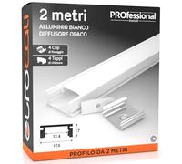 Eurocali 1x Profilo da 2 metri (2mt) in Alluminio Bianco per Strisce LED Schermatura Opaca ingombro max striscia led 12.4mm - 17.4 x 7