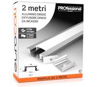 Eurocali 1x Profilo da 2 metri (2mt) in Alluminio grigio per Strisce LED Copertura Opaca - larghezza max striscia led 12,4mm - 24.7 x 7