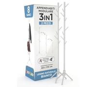 Eurocali 2 Appendiabiti Attaccapanni in Legno Naturale Colore Bianco con 8 Ganci e Struttura Modulare 2 Altezze - per Cappotti Giacche Cappelli e Borse - Portabiti Ingresso e Ufficio - 174/124x43cm