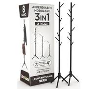 Eurocali 2 Appendiabiti Attaccapanni in Legno Naturale Colore Nero con 8 Ganci e Struttura Modulare 2 Altezze - per Cappotti Giacche Cappelli e Borse - Portabiti Ingresso e Ufficio - 174/124x43cm