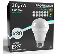 Eurocali 20 x Lampadine LED E27 10.5W Opaca 1055 lumen - Forma: Goccia A60 - Luce Bianco Freddo 6500K - Fascio Luminoso 200°