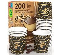 Eurocali 200 Bicchierini in Carta per caffè 65ml CoffeeGoldCUP Bicchieri Ecologici Biodegradabili Monouso Piccoli Asporto Bevande Calde