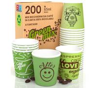 Eurocali 200 Bicchierini in Carta per caffè 65ml Green Mix Bicchieri Ecologici Biodegradabili Monouso Piccoli Asporto Bevande Calde
