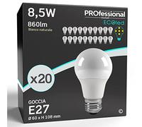 Eurocali 20x Lampadine LED E27 8,5W Opaca (806 lumen equivalenti a 60W) Forma Goccia A60 Luce Bianco Naturale 4000K Fascio Luminoso 200