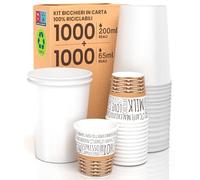 Eurocali Kit 1000 Bicchierini in Carta Fantasia SweetCUP 65ml per Caffè + 1000 Bicchieri in Carta Bianchi 200ml da Asporto Bevande Calde e Fredde Sweet Mix Ecologici Biodegradabili Monouso