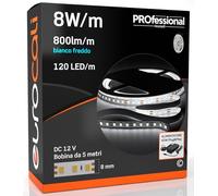 Eurocali Kit Striscia LED Monocolore 600 LED 40W 120 LED/metro - Bobina da 5 metri da interno - Luce Bianco Freddo 6500K + Alimentatore 60W IP44
