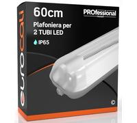 Eurocali Plafoniera 60 cm per 2 Tubi LED (Non Inclusi) Impermeabile IP65 in ABS/PS - Copertura Trasparente - Colore Grigio - Sostituzione Neon