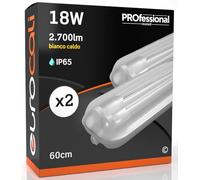 Eurocali Plafoniera LED 60 cm con 2 Tubi 18W 2700 lumen Professionale Impermeabile IP65 Doppio Neon LED T8 - Luce Bianco Caldo 3000K - Industriale - Sostituzione Neon - Pacco da 2