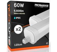 Eurocali Plafoniera LED 60W 120cm Impermeabile IP65 6600 lumen - Pacco da 2 pezzi - Luce Bianco Naturale 4000K - Fascio Luminoso 180°