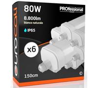 Eurocali Plafoniera LED 80W 150cm Impermeabile IP65 8800 lumen - Pacco da 6 pezzi - Luce Bianco Naturale 4000K - Fascio Luminoso 180°