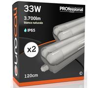 Eurocali Plafoniere LED 120 cm con 2 Tubi 33W 3700 lumen Professionale Impermeabile IP65 Doppio Neon LED T8 - Luce Bianco Naturale 4000K - Pacco da 2 Plafoniere